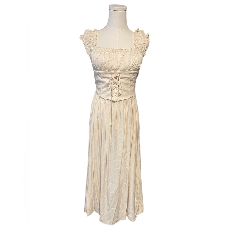 CIDER,SOLID RUFFLES LACE UP MAXI DRESS - Picture 4 of 10